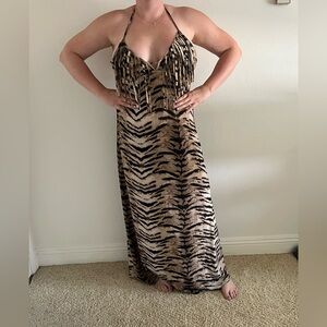 Zebra print halter maxi dress with fringe
